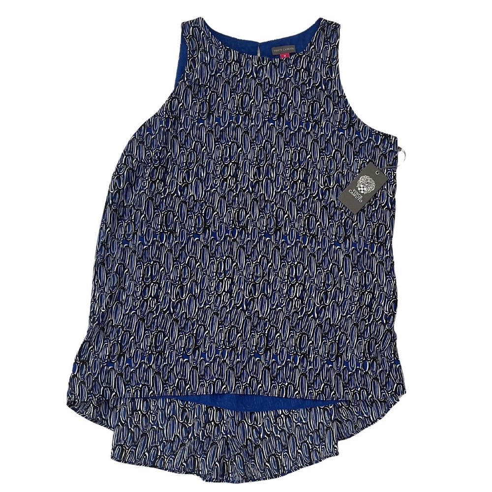 NWT Vince Camuto Lapis Blue Black White Sleeveless Flowy Blouse Medium